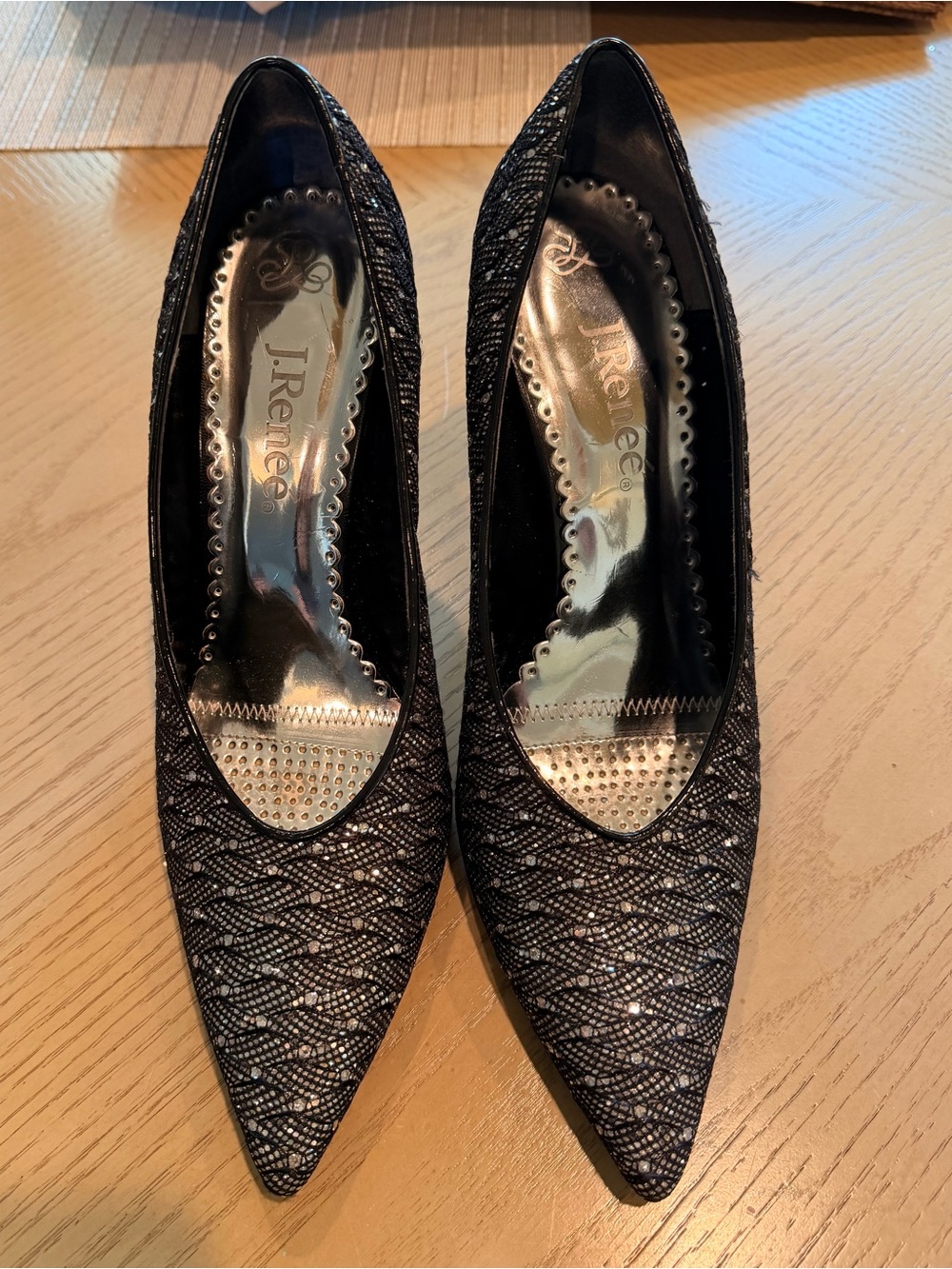 J.Renee Black Pointed Lace-Pattern Pumps
